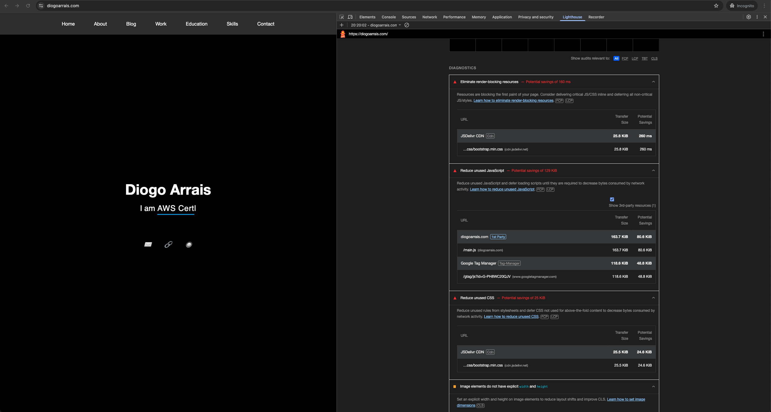 Lighthouse opportunities section showing potential improvements