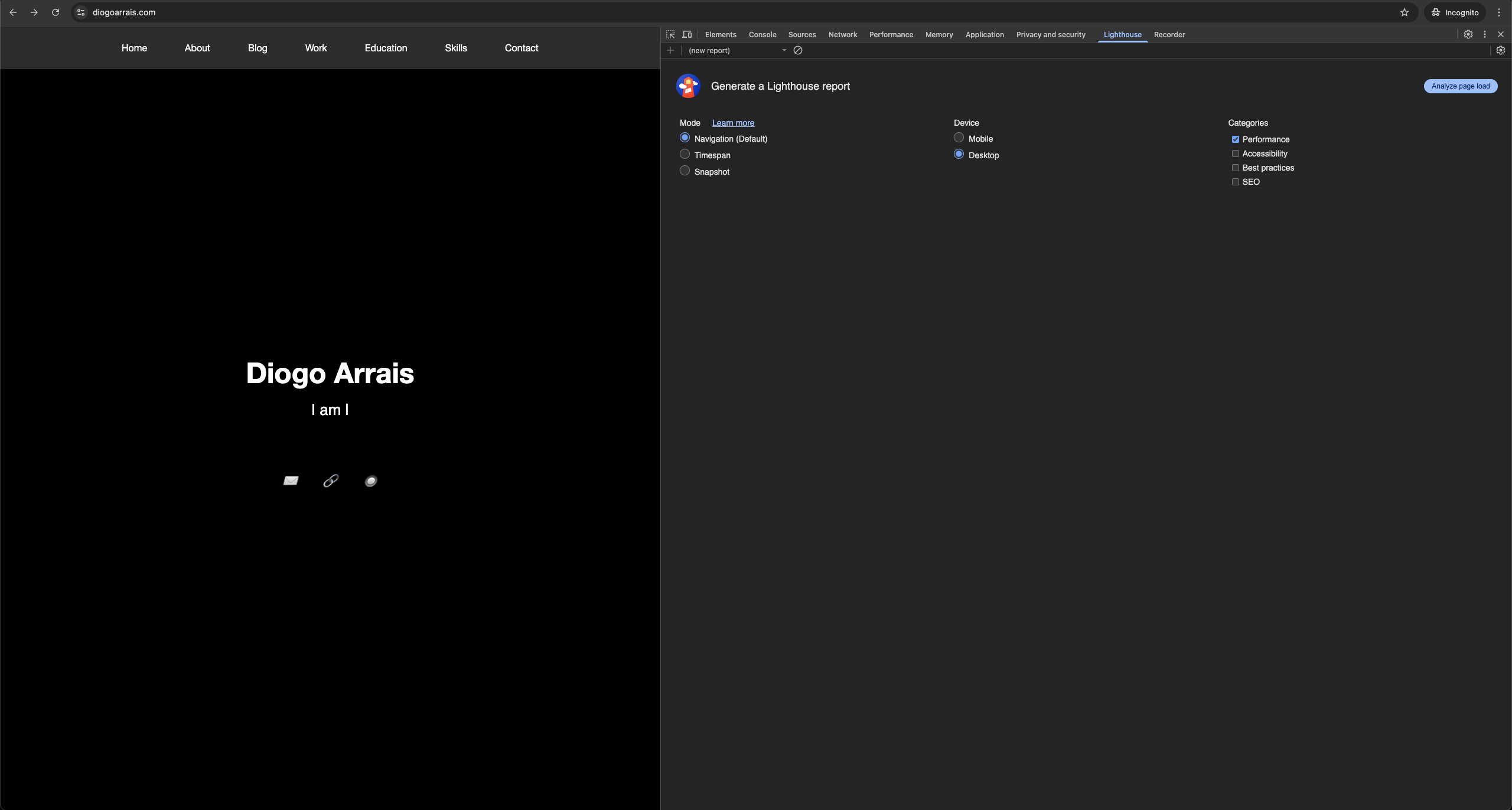 Lighthouse tab in Chrome DevTools showing performance metrics